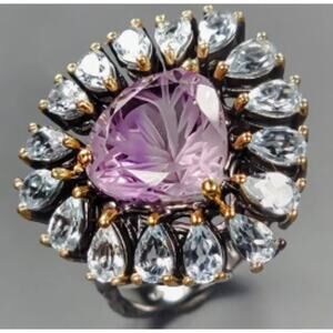 Carved Lavender Amethyst Ring | Aquamarine Halo, Sterling Silver Size 8